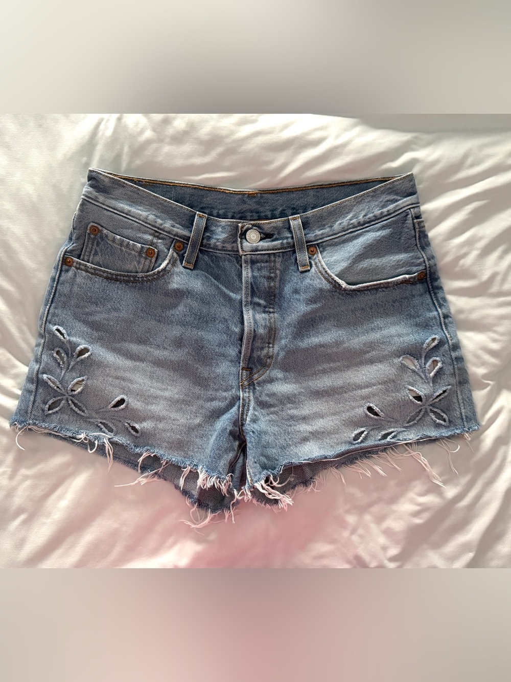 Levi's Light Blue Embroidered Distressed Denim Shorts